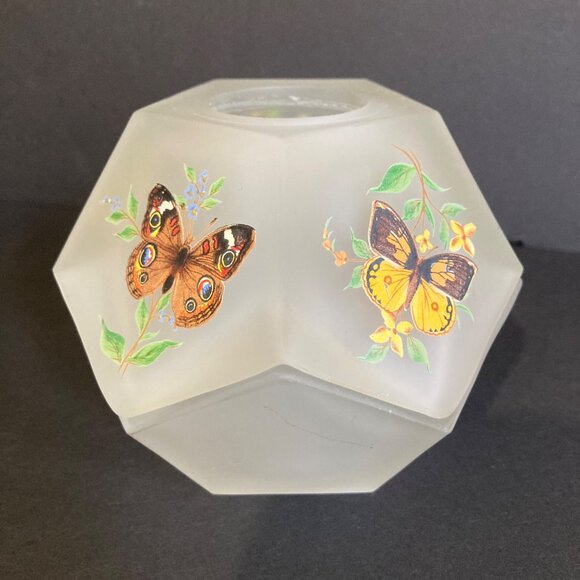 Vtg Westmoreland Satin Glass Fairy Lamp Monarch Butterflies Pentagon Frosted 2pc - Picture 3 of 10